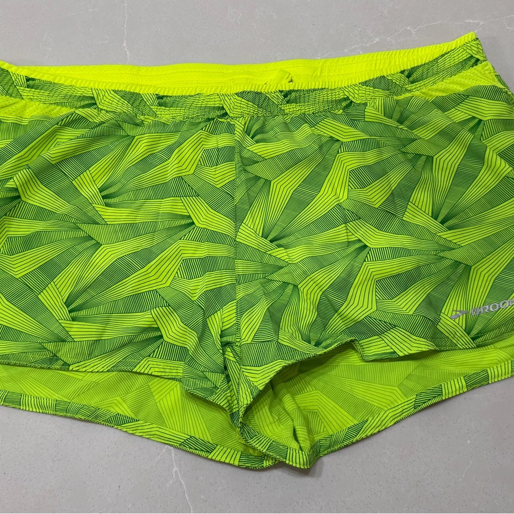 Brooks Neon Yellow Geometric Running Shorts, Large